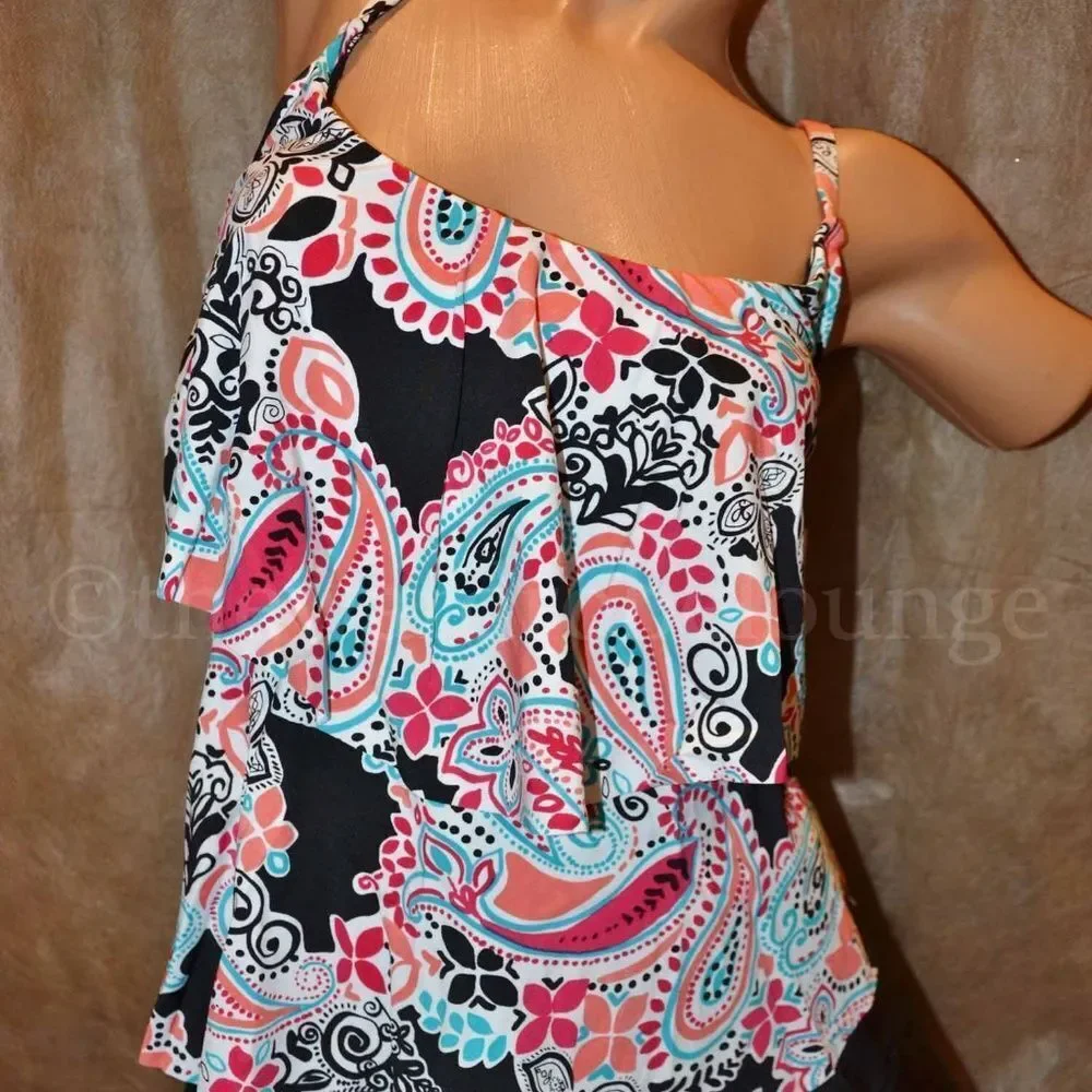 Women's Black Swimdress with Pink & Blue Paisley Print